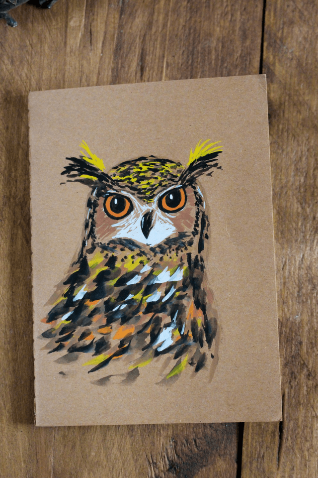Petit carnet A6 couverture illustrée à la gouache Hibou