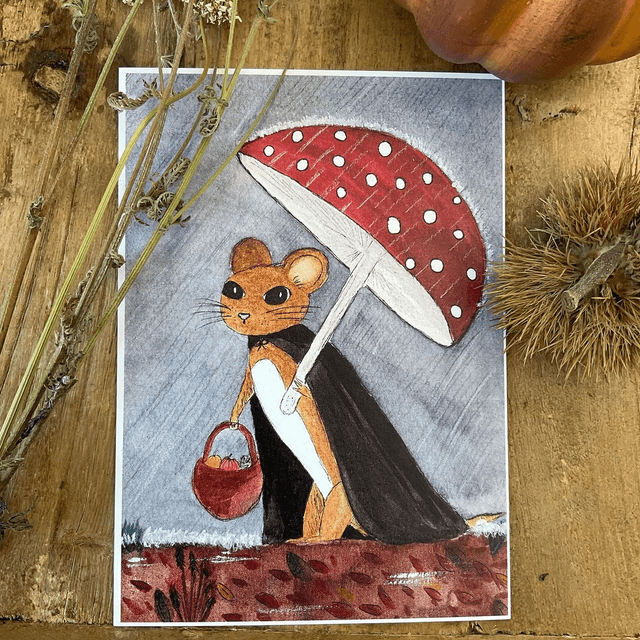 La souris sous son parapluie - carte postale